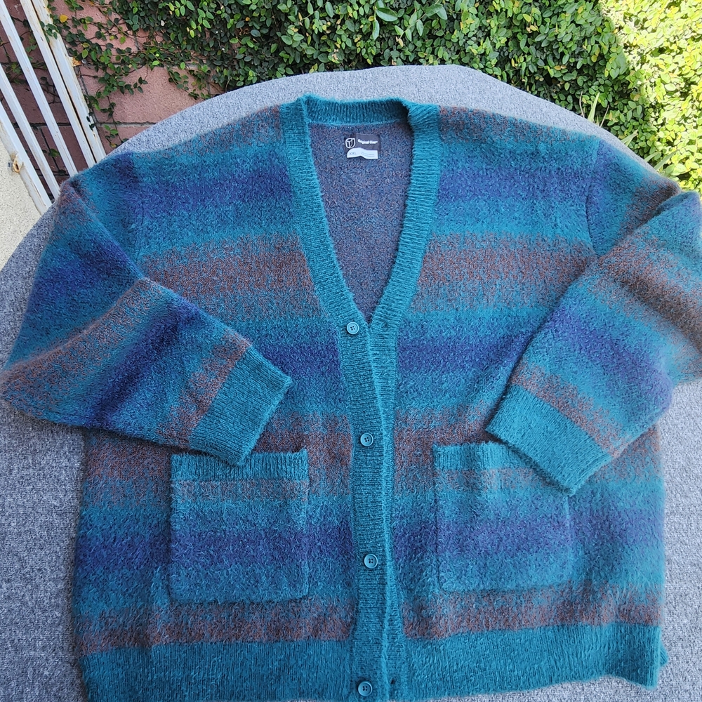 Original Use Teal, Blue & Brown Striped Men’s Cardigan Sweater